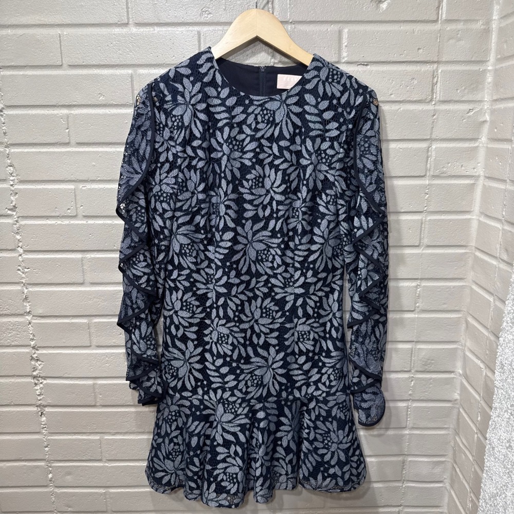 KEEPSAKE Engage Lace Long Sleeve Dress Floral Ruffle Mini Navy Blue Med - Picture 9 of 16